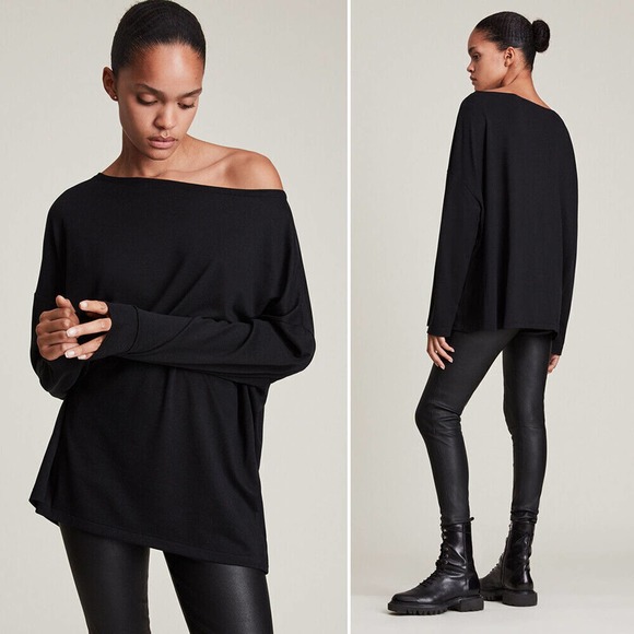 AllSaints Rita Oversize Tee Top Women's Medium M Black Long Sleeve Drop Shoulder - Picture 2 of 6
